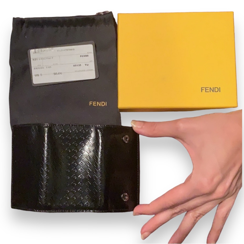 Auth New Fendi Key Wallet Rare Embossed Micro Logo Black Leather Card Box New